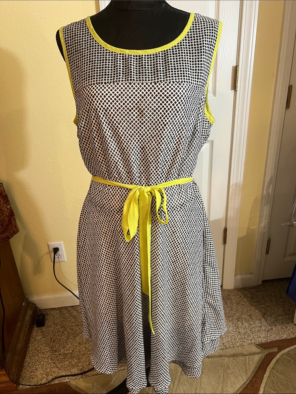 Signature Studio Black & White Geometric Midi Dress with Yellow Trim